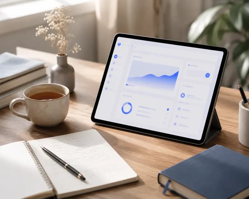 Illustration : un tableau de bord d'activité affiché sur une tablette posée sur un bureau.